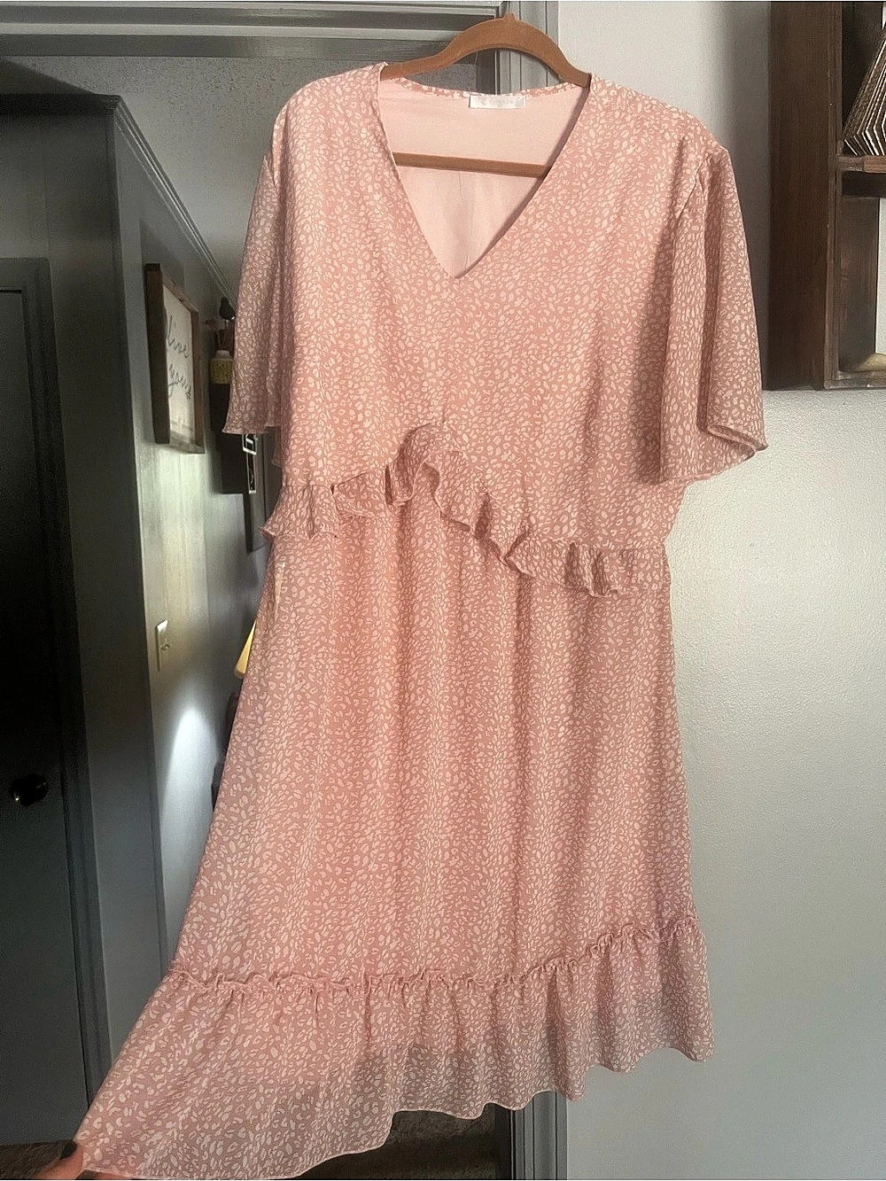 KIRUNDO Women's V-Neck Ruffle Leopard Pink Blush Easter Mini Dress V-Neck XL